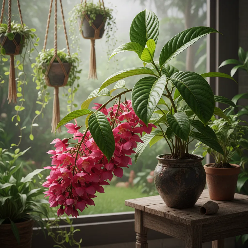 Lush houseplants and pink flowers in a cozy sunlit space